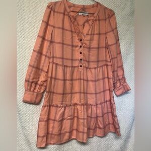 LOFT Plaid Flannel Shirt Dress Long Sleeves Tiered Ruffles Orange Casual Sz SP